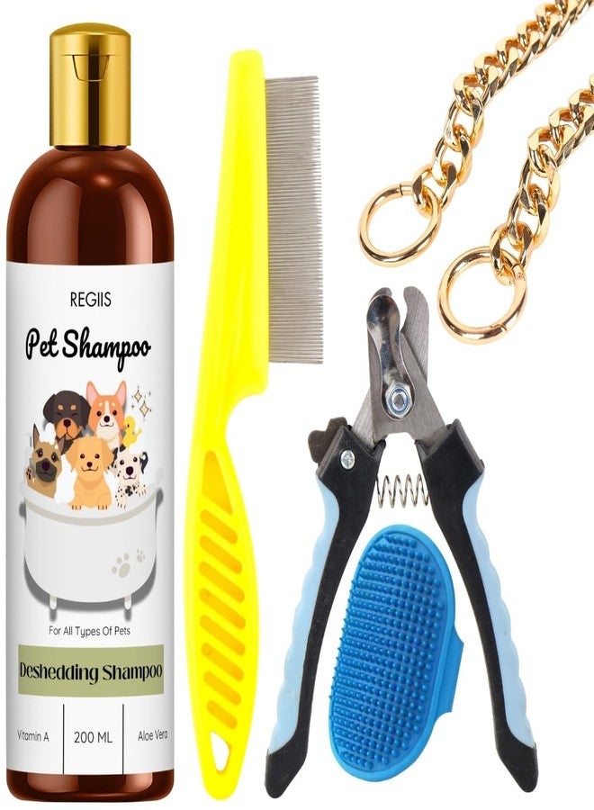 REGIIS Pet Grooming Kit with Deshedding Shampoo 200ml, Nail Clippers, Brush and Chain Leash(PACK OF 5) - Image 1